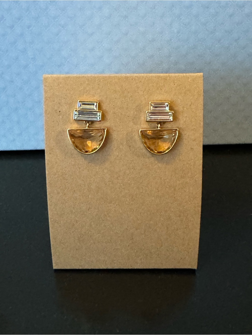 Gold and Mossaniate Half-Moon Stud Earrings Baguette Accents - Women Jewelry